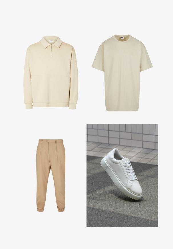 Beiger Pullover-Sweatshirt aus weichem Stoff mit einem Reißverschluss am Hals, einem Kragen und einem lässigen Schnitt mit einfachen horizontalen Nahtdetails.; Hellbeiges Baumwoll-T-Shirt mit kurzen Ärmeln, Rundhalsausschnitt und legerer Passform. Der Stoff wirkt glatt ohne sichtbare Muster oder Akzente.; Beige maßgeschneiderte Hose mit Falten, Knopfverschluss, Gürtelschlaufen und schmal zulaufendem Bein vor einem weißen Hintergrund.; Weiße Leder-Sneaker mit glatter Oberfläche, runder Zehenpartie und flachen weißen Schnürsenkeln. Verfügt über eine strukturierte Gummisohle und minimalistische Designelemente.