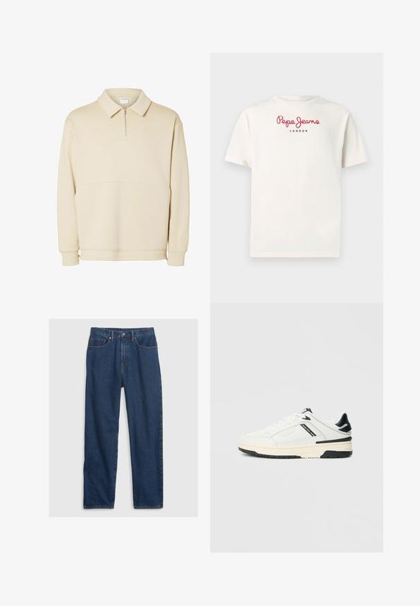Beige pullover sweatshirt gemaakt van zachte stof, met een ritssluiting bij de hals, een kraag en een ontspannen pasvorm met een eenvoudig horizontaal naaddetail.; Wit katoenen T-shirt met korte mouwen. Het logo in rode letters zegt "Pepe Jeans" boven "LONDON" in zwarte letters. Simpel, casual ontwerp.; Donkerblauwe denim jeans met een rechte pasvorm, voorzien van vijf zakken, een bovenste knoop en koperen klinknagelaccenten.; Witte lage sneaker met zwarte accenten, crèmewitte zool, veters, en de tekst "Jeans Pepe" op het zijpaneel.