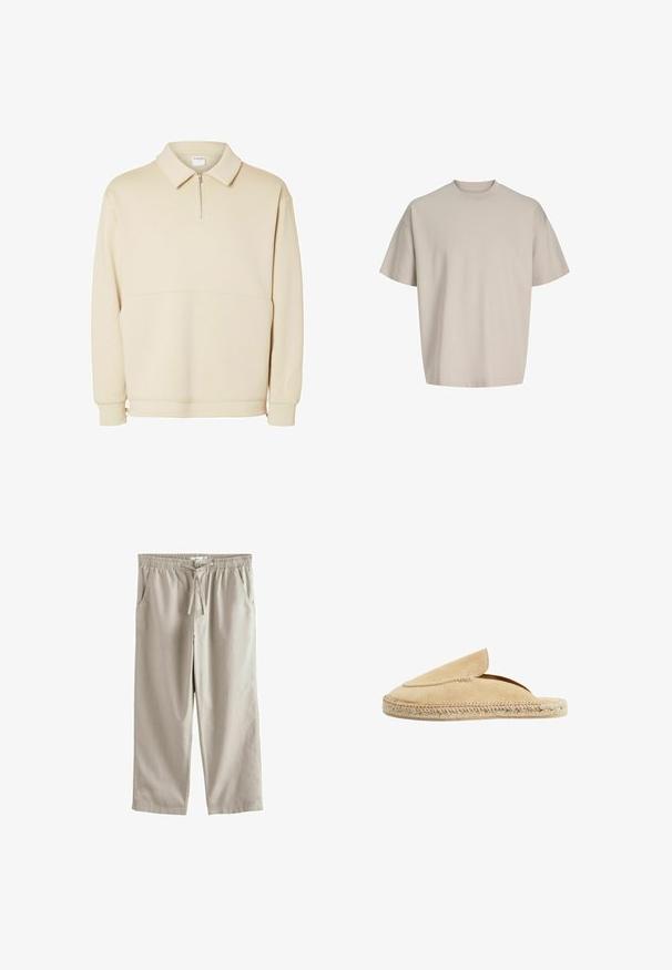 Beige pullover sweatshirts lavet af blødt stof, med lynlås i halsen, krave og en afslappet pasform med en simpel vandret sømdetalje.; Beige bomulds-T-shirt med korte ærmer, rund halsudskæring, løs pasform og glat tekstur. Ingen synlige mønstre eller detaljer.; Beige fritidbukser med elastik i taljen, snøre, sidelommer, lige ben og knaplukning foran.; Beige ruskinds slip-on sko med en rund tå, syede detaljer og en fletning af jute-sål, med en åben bagside for nem brug.