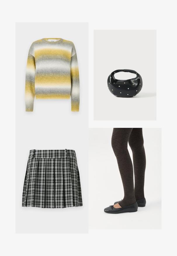 Strikket sweater med vandrette striber i gul, grå og hvid. Rund halsudskæring, ribbede ærmer og blødt, struktureret stof.; Sort-hvidt ternet plisseret nederdel med en glat talje og flere lodrette folder. Fremstillet af let stof.; Ben iført mørke ribbede leggings kombineret med sorte balletsko med små sløjfedetaljer på hvid baggrund.; Sort læderhåndtaske med en rundet form, dekoreret med sølvnitter, og et kort håndtag. Glat tekstur og lynlåslukning.