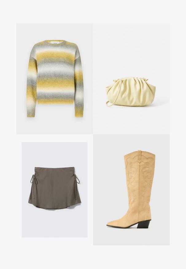 Pull en tricot avec des rayures horizontales jaunes, grises et blanches. Encolure ronde, poignets côtelés et tissu doux et texturé.; Jupe portefeuille kaki avec liens sur le côté, en tissu lisse. Présente un ourlet incurvé avec un détail froncé à la taille pour un ajustement réglable.; RAID VAANYA - Bottes de cowboy / motard - nude; Sac à main plissé jaune en simili cuir lisse, arborant une forme douce avec une bandoulière unique et un design froncé sur le dessus.