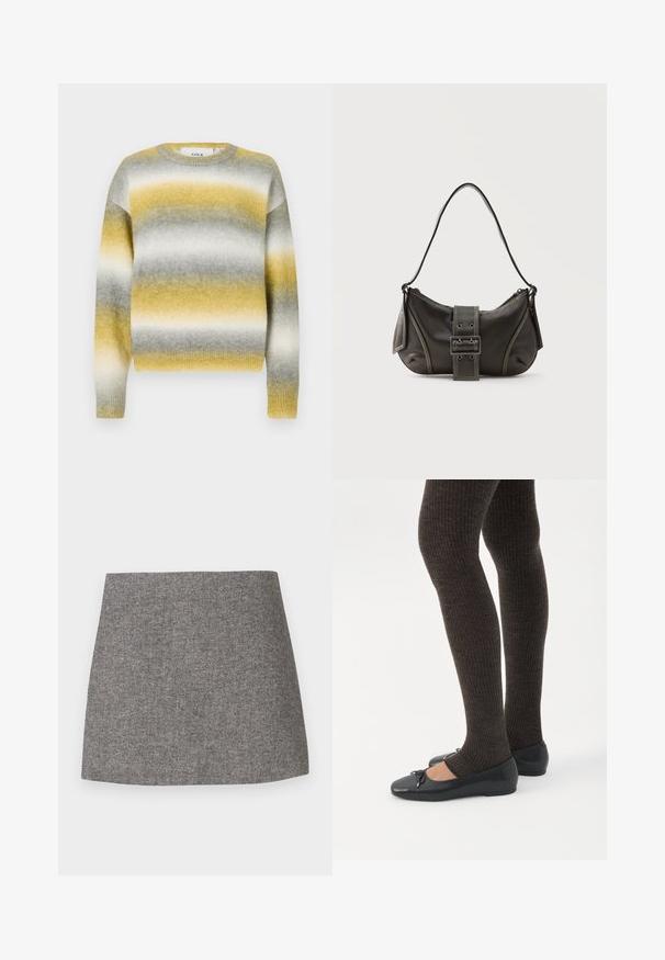 Pull en tricot avec des rayures horizontales jaunes, grises et blanches. Encolure ronde, poignets côtelés et tissu doux et texturé.; Jupe à motif chevrons en tissu gris, présentant une silhouette ajustée avec une texture lisse et un ourlet droit et net.; Jambes portant des leggings côtelés foncés associés à des ballerines noires avec de petits détails en nœud sur fond blanc.; Sac à épaule en cuir noir avec une sangle à boucle, des bords arrondis et des coutures blanches contrastées sur un fond uni.