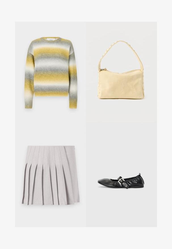 Pull en tricot avec des rayures horizontales jaunes, grises et blanches. Encolure ronde, poignets côtelés et tissu doux et texturé.; Jupe plissée grise au toucher lisse, dotée de multiples plis verticaux et d'une taille ajustée. Fabriquée en tissu léger.; Chaussure plate en cuir noir avec un nez pointu, des détails froncés autour de l'ouverture et un accent en boucle argentée sur la bride ajustable.; Petit sac à main en cuir beige avec une seule bandoulière et des clous argentés le long des bords et de la bandoulière, posé sur un fond uni.
