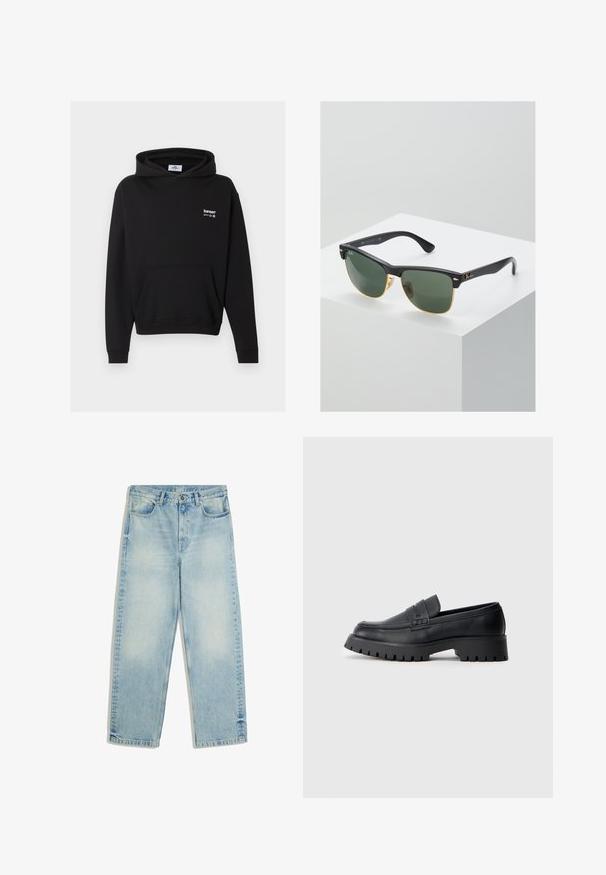 Sweat à capuche noir avec poche avant et logo blanc « bareen » sur la poitrine, présenté sur un fond gris.; Jean bleu clair à jambe droite avec taille haute, bouton sur le devant, fermeture éclair, passants de ceinture et poches avant, présenté à plat sur fond blanc.; Mocassins en cuir noir avec un bout arrondi, présentant une sangle décorative et une semelle en caoutchouc épaisse avec de profonds crampons pour une meilleure adhérence.; Lunettes de soleil Ray-Ban avec des verres verts, monture en plastique noir et accents dorés sur les bords. Forme carrée avec une finition mate.