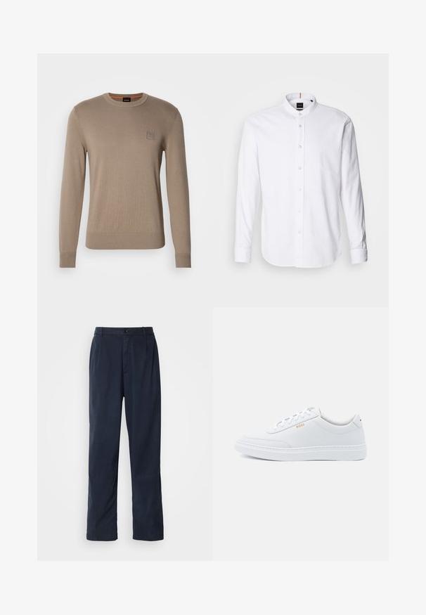 Herrebeige crewneck sweater med lange ærmer, ribbede manchetter og kant, med et lille firkantet logo på brystet.; Hvid langærmet skjorte med bandkrave, knaplukning fortil og rund kant. Lavet af bomuld, med en glat struktur og subtil glans.; Mørkeblå bukser lavet af en bomuldsblanding. Har et lige ben design, en frontknaplukning og diskrete plisser. Glat tekstur.; Hvide lædersneakers med glat tekstur, rund tå og ton-i-ton syning. Har blå snørebånd og et gult logo på siden.