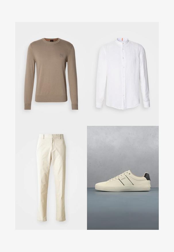 Pull en beige pour homme avec col rond, manches longues, bords côtes aux poignets et à l'ourlet, arborant un petit patch logo carré sur la poitrine.; Chemise en lin blanche avec col mandarin, fermeture à boutons à l'avant, manches longues et une texture subtile. Accent orange notable sur le col.; Pantalons ajustés beige clair avec un motif texturé, coupe droite, et taille mi-haute, dotés de passants de ceinture et sans poches visibles.; Baskets de couleur crème avec une texture lisse, dotées d'accents et de marquage noirs. Design classique à lacets avec un bout rond et une semelle en caoutchouc.