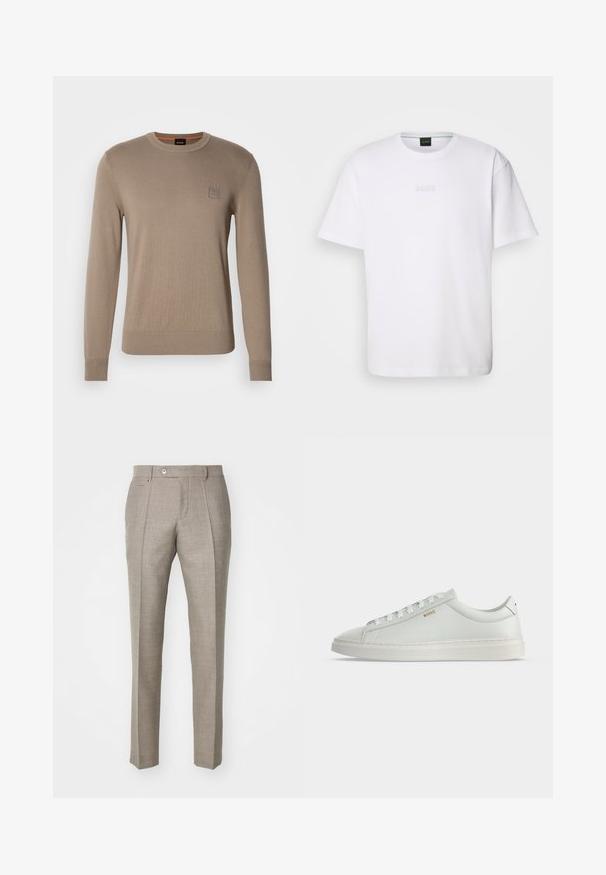 Beige crewneck trui voor heren met lange mouwen, geribbelde manchetten en zoom, voorzien van een klein vierkant logopatched op de borst.; Witte katoenen T-shirt met korte mouwen, ronde halslijn en reliëf 'BOSS' logo op de borst. Veilig textuur, standaard pasvorm.; Beige maatwerk broeken met een gestructureerde afwerking, voorzien van een knoopsluiting en twee zijzakken. Gestructureerd ontwerp met een rechte pijp.; Witte lage leren sneaker met veters, platte zool en klein gouden "BOSS" logo aan de zijkant, gezien vanaf de buitenkant.