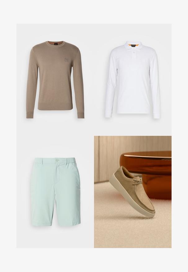 Herrebeige crewneck sweater med lange ærmer, ribbede manchetter og kant, med et lille firkantet logo på brystet.; Hvid langærmet polo-shirt lavet af bomuld, med en spids krave, to-knaps lukning og et lille logo på brystet. Orange detalje indeni kraven.; Lyseblå shorts lavet af glat stof, med knaplukning, forlommer og en komfortabel linning uden synlige mønstre.; Beige ruskindssneaker med hvid tyk sål og snørebånd, placeret på struktureret beige tæppe med rundt blankt brunt bord i baggrunden.