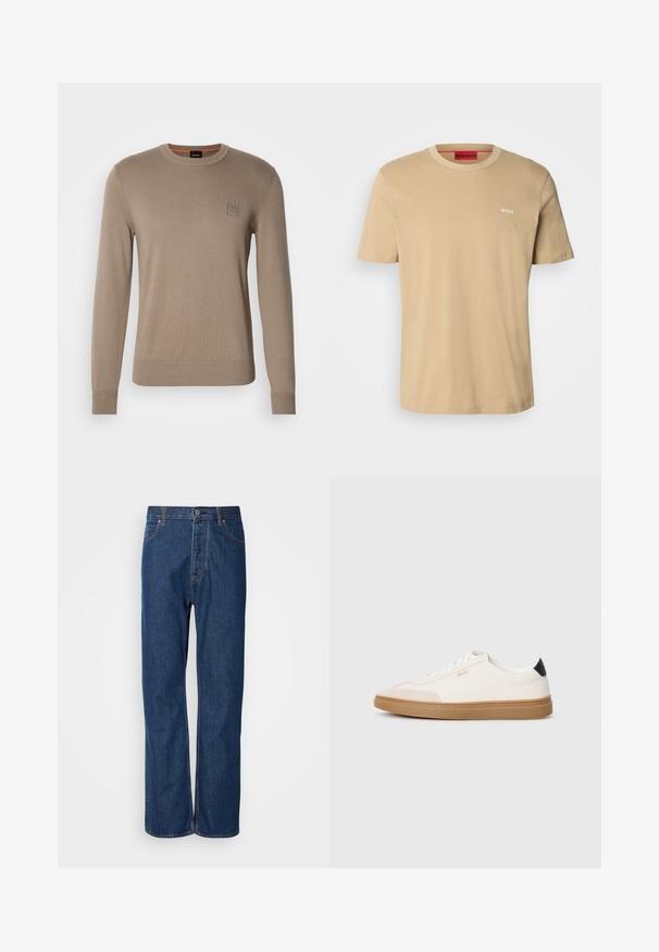 Beige crewneck trui voor heren met lange mouwen, geribbelde manchetten en zoom, voorzien van een klein vierkant logopatched op de borst.; Beige katoenen t-shirt met een ronde hals, korte mouwen en een klein wit "HUGO" logo op de borst. Een gladde textuur zonder patronen.; Blauwe denim jeans met een recht gesneden ontwerp, voorzien van een knoopsluiting, vijf zakken en contrasterende stiksels langs de naden.; Witte sneakers met beige accenten, bovenwerk van glad leer, ronde neus en rubberen gumzool, met een zwarte hieltab en subtiele branding.