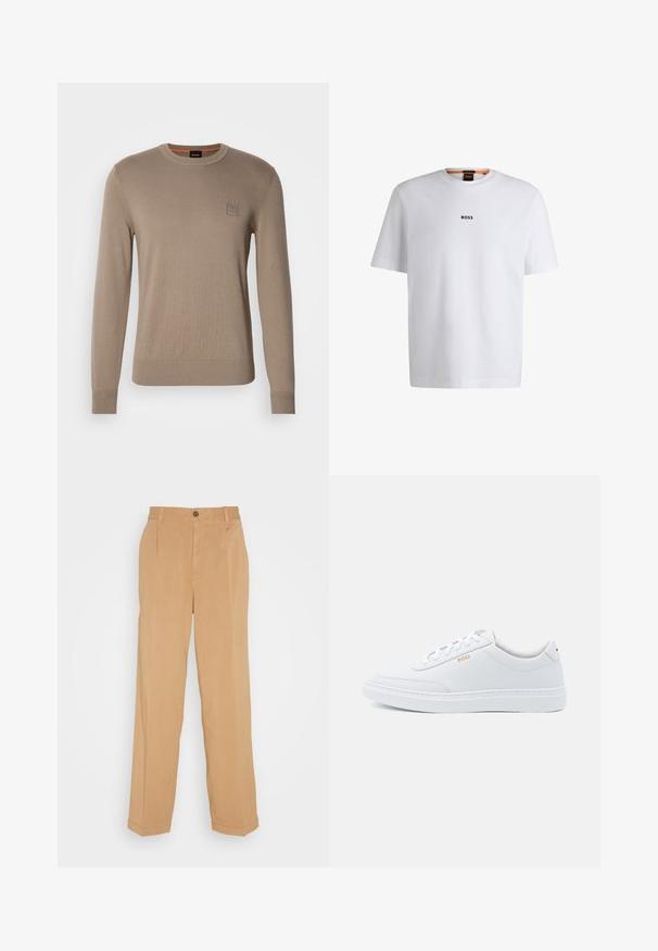 Beige crewneck trui voor heren met lange mouwen, geribbelde manchetten en zoom, voorzien van een klein vierkant logopatched op de borst.; Witte katoenen T-shirt met korte mouwen, voorzien van een zwart "BOSS"-logo in het midden van de borst en een ronde halsontwerp.; Beige wijde broek van zacht materiaal, voorzien van twee voorzakken, een knoopsluiting en plooidetails langs de benen.; Witte leren sneakers met een gladde textuur, ronde neus en tonale stiksels. Voorzien van blauwe veters en een gouden logo op de zijkant.