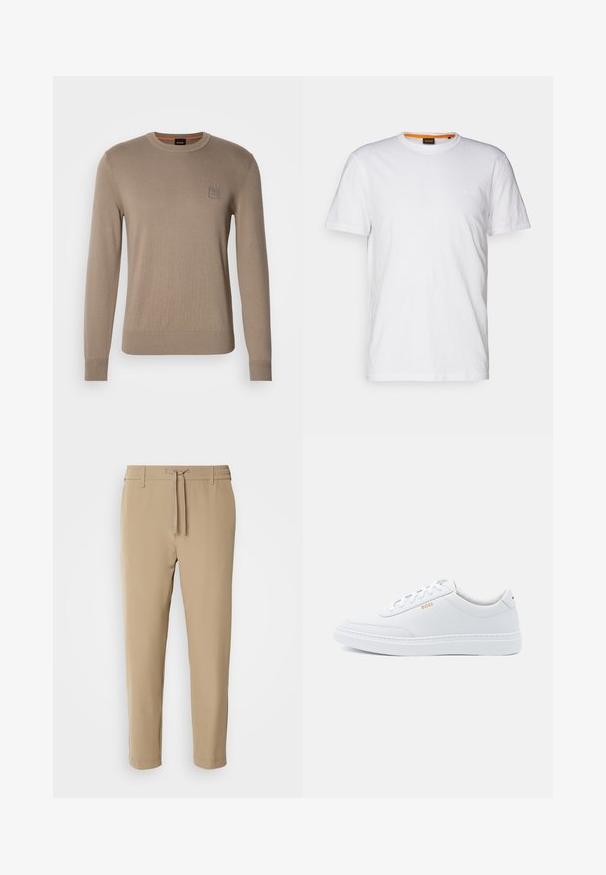 Pull en beige pour homme avec col rond, manches longues, bords côtes aux poignets et à l'ourlet, arborant un petit patch logo carré sur la poitrine.; T-shirt en coton blanc avec un col rond, des manches courtes et un logo en relief subtil sur la poitrine. L'étiquette intérieure a une touche d'orange.; Pantalons beiges fuselés avec une taille élastique et un cordon de serrage. Tissu lisse avec un design épuré et sans motifs ni accessoires visibles.; Baskets blanches en cuir avec une texture lisse, bout rond et coutures tonales. Possède des lacets bleus et un logo doré sur le côté.