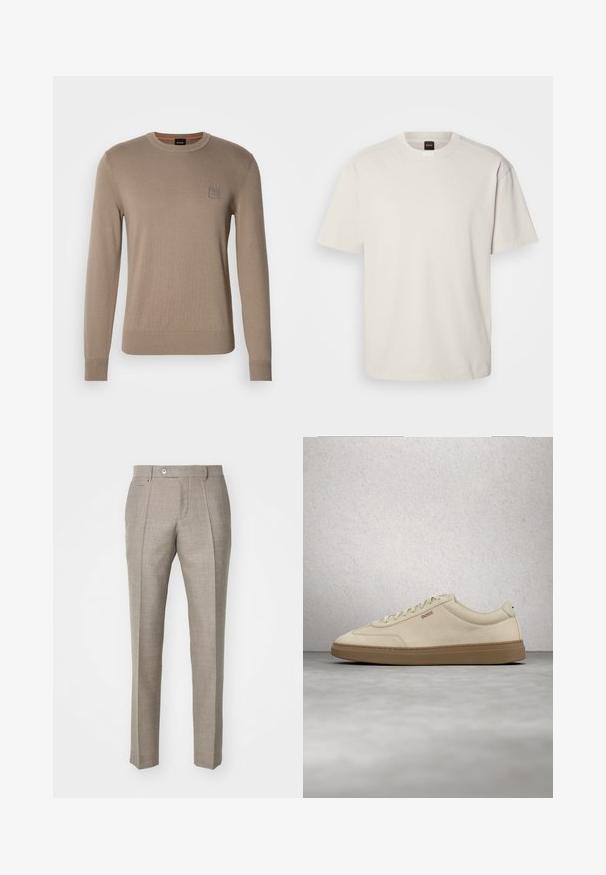 Herrebeige crewneck sweater med lange ærmer, ribbede manchetter og kant, med et lille firkantet logo på brystet.; Kortærmet, crew-neck t-shirt i off-white bomuld med lige snit og minimal branding på kraven. Blød tekstur, uden mønstre.; Beige skræddersyede bukser med en tekstureret overflade, der har en knaplukning og to sidelommer. Struktureret design med et lige ben-silhuet.; Lyse beige ruskindssneaker med gummisål i farven gum, tydelige snørebånd og fine syningsdetaljer. Ren design med et minimalistisk æstetisk udtryk.