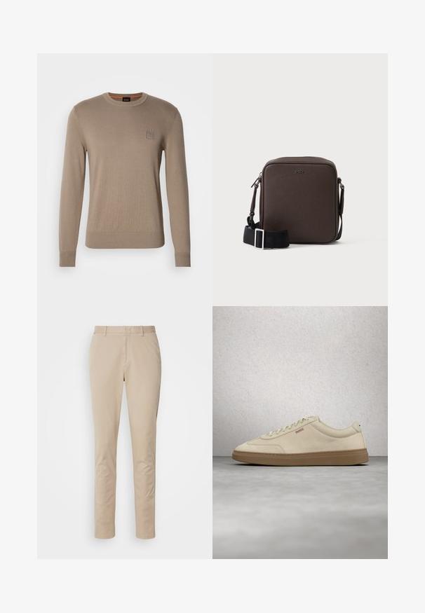 Beige crewneck trui voor heren met lange mouwen, geribbelde manchetten en zoom, voorzien van een klein vierkant logopatched op de borst.; Beige katoenen broek met een recht model, voorzien van een ritssluiting, zijzakken en subtiele stikdetails. Soepele textuur.; Lichtbeige suède sneaker met een zool van gumrubber, opvallende veters en subtiele stikdetails. Strak ontwerp met een minimalistische uitstraling.; Compacte bruine leren crossbodytas met zwarte verstelbare band en zilveren gespen, geperst met het BOSS-logo aan de voorzijde in het midden.