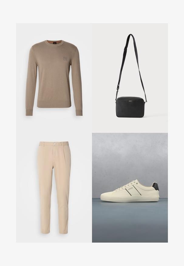 Herrebeige crewneck sweater med lange ærmer, ribbede manchetter og kant, med et lille firkantet logo på brystet.; Beige bukser med en slim fit, lavet af vævet materiale. Har en enkelt knaplukning, plisseret front og lige ben.; Cremefarvede sneakers med en glat tekstur, der har sorte accenter og branding. Klassisk snørebåndsdesign med rund tå og gummisål.; Sort rektangulær crossbody taske med justerbar rem og BOSS-logo foran, sat mod en ensfarvet lys baggrund.