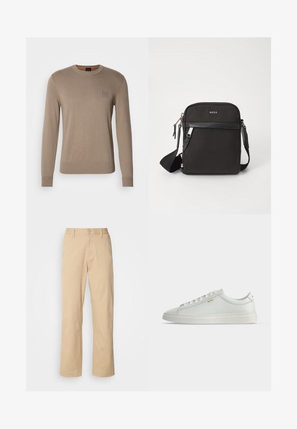 Beige crewneck trui voor heren met lange mouwen, geribbelde manchetten en zoom, voorzien van een klein vierkant logopatched op de borst.; HUGO ZAYN - Broek - medium beige; Witte lage leren sneaker met veters, platte zool en klein gouden "BOSS" logo aan de zijkant, gezien vanaf de buitenkant.; Zwarte schoudertas van textuurstof, met logo aan de voorkant, ritssluiting en verstelbare schouderband. Voorzien van een gladde leren rand.