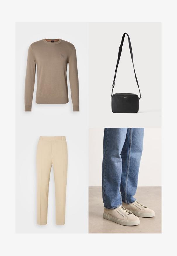 Beige crewneck trui voor heren met lange mouwen, geribbelde manchetten en zoom, voorzien van een klein vierkant logopatched op de borst.; Beige op maat gemaakte broek met een recht gesneden ontwerp, gemaakt van lichtgewicht stof, met twee voorzakken en nette, geplooide vouwen.; BOSS GARYTENN_SDHDEL - Sneakers laag - natural ten; Zwarte rechthoekige crossbodytas met verstelbare band en BOSS-logo aan de voorkant, tegen een effen lichte achtergrond.