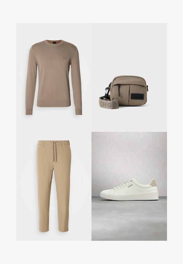 Beige crewneck trui voor heren met lange mouwen, geribbelde manchetten en zoom, voorzien van een klein vierkant logopatched op de borst.; Beige, taps toelopende broek met een elastische tailleband en een trekkoord. Glad materiaal met een strakke uitstraling en zonder zichtbare patronen of hardware.; Witte lage sneaker met veters en beige hielstuk, met het merk "HUGO", zwevend boven een gepolijste betonnen vloer in de buurt van een wand van glasblokken.; Khaki nylon schoudertas met twee ritszakken aan de voorkant, verstelbare schouderriem en een zwart logo-etiket aan de voorkant. Soepele textuur.