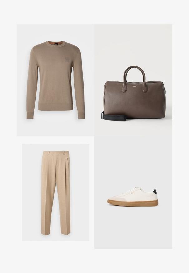Beige crewneck trui voor heren met lange mouwen, geribbelde manchetten en zoom, voorzien van een klein vierkant logopatched op de borst.; Beige op maat gemaakte broek met voorplooien, riemlussen en rechte pijpen, getoond tegen een effen lichte achtergrond.; Witte sneakers met beige accenten, bovenwerk van glad leer, ronde neus en rubberen gumzool, met een zwarte hieltab en subtiele branding.; Bruine leren duffeltas met twee handvatten, een zwarte verstelbare schouderriem en een klein "BOSS" logo middenvoor.