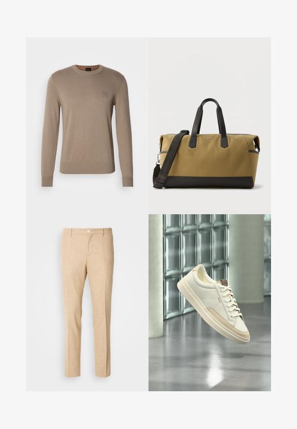 Beige miesten crewneck-paita, jossa on pitkät hihat, ribbaatut hihansuut ja helma, sekä pieni neliön muotoinen logopatch rintapielessä.; Beige-holvade buks med et struktureret stof, lige ben design, frontfolder og en enkelt knaplukning i taljen.; Valkoinen matala tennari, jossa on beigejä yksityiskohtia ja nauhat, merkiltään "BOSS", kelluu kiillotetun lattian yläpuolella, taustalla lasiblokkiseinä.; Vaaleanruskea ja musta suuri matkakassi, jossa mustat nahkahihnat ja irrotettava olkahihna, suorakulmainen muoto, etupuolella BOSS-logo.