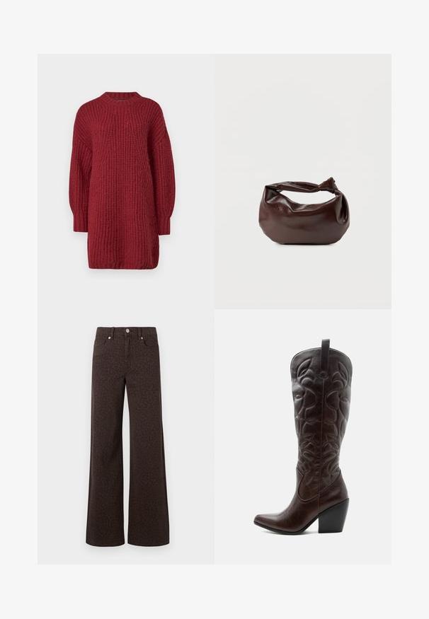 Robe en maille tricotée rouge avec un col montant, des épaules tombantes et une texture côtelée. Elle possède de longues manches et une coupe ample.; Jean large marron avec un motif léopard subtil, fabriqué en denim avec une texture lisse et un design classique à cinq poches.; Botte de cowboy haute en cuir marron foncé avec motifs décoratifs cousus, bout pointu et talon bloc empilé.; Sac bandoulière en cuir marron foncé avec une forme souple et décontractée et une anse nouée torsadée sur un fond blanc uni.