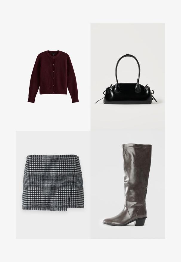 Gilet en maille bordeaux avec un col rond, des manches longues et six boutons assortis sur le devant. Texture douce et coupe décontractée.; Jupe mini en laine présentant un motif pied-de-poule noir et blanc, coupe droite avec un ourlet légèrement asymétrique, et tissu texturé.; Bottine en cuir gris foncé pour femmes grandes, avec un talon moyen et un bout arrondi, vue de côté sur fond blanc.; Petit sac à main noir brillant avec deux longues anses et des détails à cordon sur les côtés sur un fond clair uni.