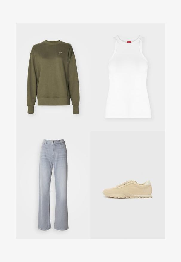 Olive roheline dressipluus pehme kangaga, millel on ribidega mansetid ja kaelus. Esiosas on peen õmbluste detail.; Valge varrukateta soonikkoes tanktop, kõrge ümara kaelusega ja kehakujuline, kujutatud lihtsal heledal taustal.; Heledad hallid laiad teksad, mille kõrgem talje on valmistatud denimist. Sisaldab esi-taskuid, tõmblukk ja peen hallitus kogu ulatuses.; Beige nubukist sneakers, millede sidemehhanismiga, tekstuuriga ülemise osaga, kontrastse kummist tallaga ja kerge kontsaga. Minimalistlik stiil koos diskreetse brändimisega.