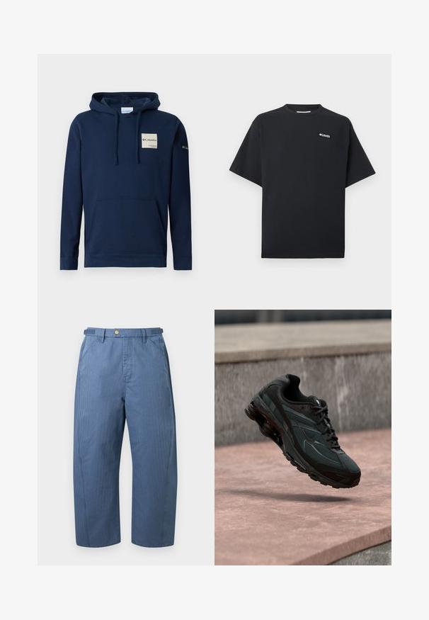 Marineblå hættebluse lavet af bomuldsblanding, udstyret med en kangaroo-lomme foran, snøre og et lille logo-lap på brystet.; Sort T-shirt med korte ærmer, lille hvid Columbia-logo øverst til venstre på brystet, rund halsudskæring og afslappet pasform.; Blå bukser med vide ben, forlommer, bæltestropper og knaplukning i taljen, vist på en ensfarvet baggrund.; Sort atletisk sneaker med synligt luftdæmpende mellemsål, der svæver over en pink stenoverflade med en grå stenvæg i baggrunden.