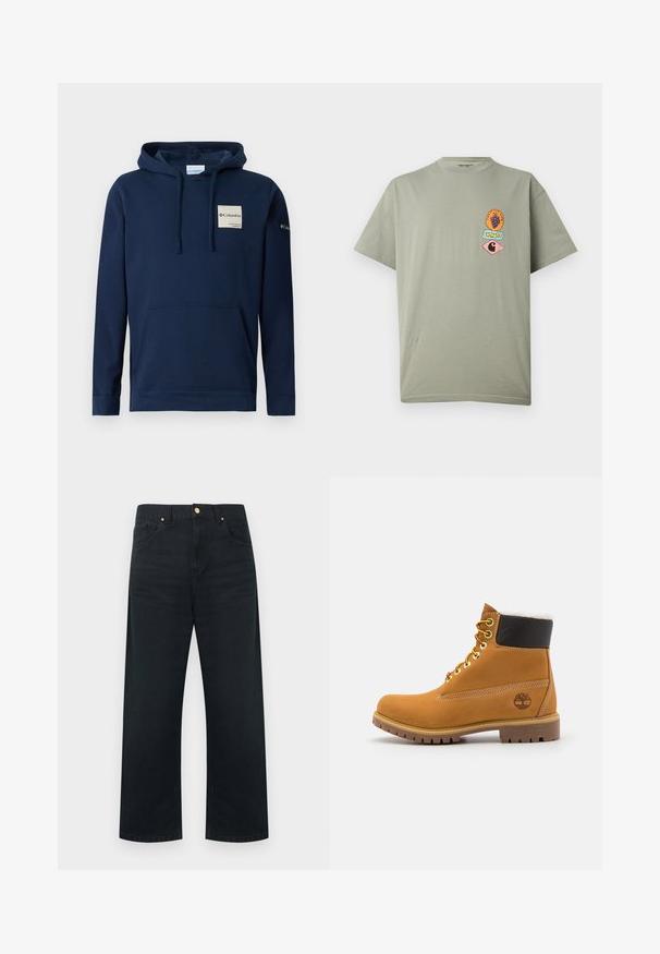 Dunkelblaues Kapuzensweatshirt aus Baumwollmischung, mit einer vorderen Kängurutasche, Kordeln und einem kleinen Logopatch auf der Brust.; Hellgraues T-Shirt mit kurzen Ärmeln und drei kleinen bunten Grafik-Patches auf der linken Brust, darunter Weintrauben und Carhartt-Logos.; Schwarze, weit geschnittene Jeanshosen aus Denim mit einem Fünf-Taschen-Design, goldfarbenen Beschlägen und einem sauberen Abschluss an Bund und Saum.; Braune Leder-Ankle-Boots mit Metallösen, weißem Kunstfellfutter, schwarzem gepolstertem Kragen, robustem Sohlenprofil und geprägtem Logo an der Seite.