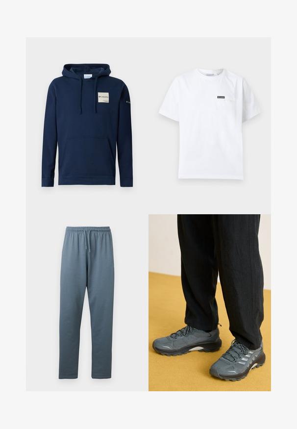 Dunkelblaues Kapuzensweatshirt aus Baumwollmischung, mit einer vorderen Kängurutasche, Kordeln und einem kleinen Logopatch auf der Brust.; Weißes T-Shirt mit kurzen Ärmeln und Rundhalsausschnitt, verfügt über eine kleine Brusttasche mit einem schwarzen Columbia-Logo-Patch.; Blaugraue Sweatpants mit elastischem Bund, verstellbarem Kordelzug und geraden Beinen, dargestellt vor weißem Hintergrund.; Graue Netz- und synthetische Sportschuhe mit ausgeprägtem Profil, reflektierenden Akzenten und Schnürdesign, kombiniert mit lockeren schwarzen Hosen.