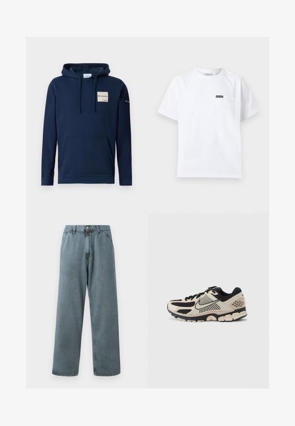 Dunkelblaues Kapuzensweatshirt aus Baumwollmischung, mit einer vorderen Kängurutasche, Kordeln und einem kleinen Logopatch auf der Brust.; Weißes T-Shirt mit kurzen Ärmeln und Rundhalsausschnitt, verfügt über eine kleine Brusttasche mit einem schwarzen Columbia-Logo-Patch.; Hellblaue Denim-Hosen mit geradem Bein, ausgestattet mit einem klassischen Knopfverschluss und einem Fünf-Taschen-Design. Weiche Textur und minimale Nähdetails.; Nike-Laufschuh in Creme und Schwarz. Verfügt über ein Obermaterial aus Mesh, strukturierte Akzente, eine dicke Gummiaußensohle und ein markantes Zwischensohlen-Design.
