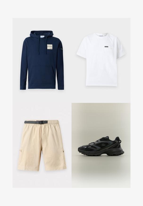 Sudadera con capucha de color azul marino, confeccionada en mezcla de algodón, que incluye un bolsillo frontal tipo canguro, cordones y un pequeño parche de logo en el pecho.; Camiseta blanca de manga corta con cuello redondo y pequeño bolsillo en el pecho con un parche negro del logo de Columbia.; Pantalones cortos cargo beige hasta la rodilla con cinturilla elástica, cinturón negro ajustable con hebilla y bolsillos laterales con cierre de cremallera sobre un fondo claro.; Zapatilla deportiva negra con paneles de malla, suela texturizada, cordones y una silueta curvada con acentos plateados en los laterales.