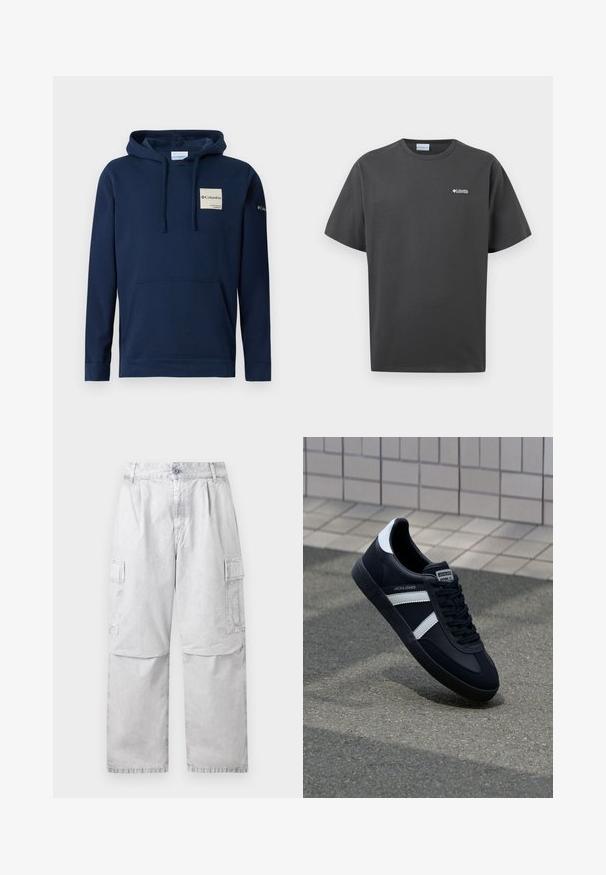 Sudadera con capucha de color azul marino, confeccionada en mezcla de algodón, que incluye un bolsillo frontal tipo canguro, cordones y un pequeño parche de logo en el pecho.; Camiseta de manga corta de color gris oscuro con cuello redondo y pequeño logo blanco de Columbia Sportswear en el pecho izquierdo, sobre un fondo liso.; Pantalones cargo gris claro con cierre de botón y cremallera, bolsillos laterales con solapa y corte de pierna recta.; Zapatilla de cuero negra con rayas blancas, suela de goma texturizada y parte frontal con cordones. Cuenta con una etiqueta de marca en la lengüeta.