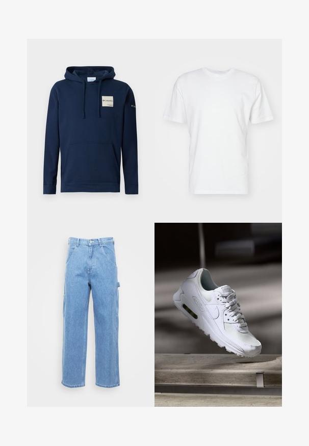 Sudadera con capucha de color azul marino, confeccionada en mezcla de algodón, que incluye un bolsillo frontal tipo canguro, cordones y un pequeño parche de logo en el pecho.; Camiseta de algodón blanca con manga corta, escote redondo y una textura suave. Diseño simple sin patrones ni gráficos.; Pantalones cargo de denim azul claro con pierna recta, bolsillos frontales y bolsillos laterales. La textura de la tela es suave con un acabado ligeramente desgastado.; Zapatilla Nike Air Max 90 blanca con parte superior de malla y cuero, caja de puntera perforada y unidad de aire visible en el talón.