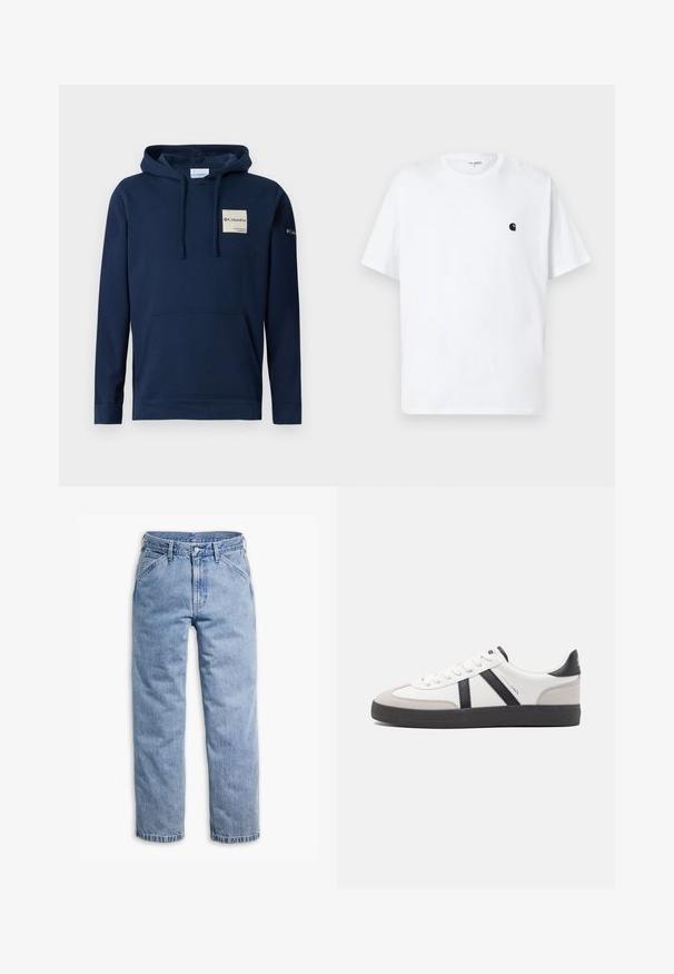 Sudadera con capucha de color azul marino, confeccionada en mezcla de algodón, que incluye un bolsillo frontal tipo canguro, cordones y un pequeño parche de logo en el pecho.; Camiseta blanca de manga corta con cuello redondo, con pequeño logo negro en el pecho izquierdo, diseño sin estampados, colocada plana sobre un fondo claro.; Vaqueros de mezclilla azul claro de pierna recta con cierre frontal de botón y cremallera, trabillas para cinturón y bolsillos delanteros inclinados.; Zapatilla blanca con acentos en negro y gris, que presenta una puntera texturizada en gris, suela de goma negra y cordones planos blancos. Diseño limpio, estilo minimalista.
