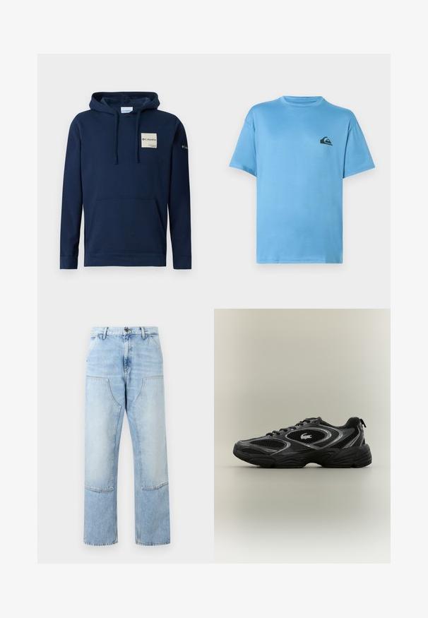 Sudadera con capucha de color azul marino, confeccionada en mezcla de algodón, que incluye un bolsillo frontal tipo canguro, cordones y un pequeño parche de logo en el pecho.; Camiseta de color azul claro, de manga corta y cuello redondo, con un pequeño logotipo negro de ola y montaña en el pecho izquierdo.; Vaqueros de mezclilla azul claro con cintura alta, grandes bolsillos delanteros de parche, cierre con botones y piernas anchas y rectas.; Zapatilla deportiva negra y gris con paneles de malla, diseño de cordones, suela gruesa y un pequeño logo de cocodrilo en el costado.