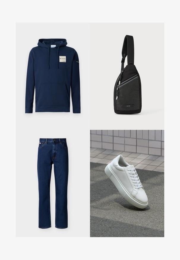 Sudadera con capucha de color azul marino, confeccionada en mezcla de algodón, que incluye un bolsillo frontal tipo canguro, cordones y un pequeño parche de logo en el pecho.; Vaqueros azul oscuro de corte recto hechos de mezclilla, con un diseño clásico de cinco bolsillos, costuras sutiles y cierre frontal con botón.; Zapatilla de cuero blanca con una superficie lisa, punta redonda y cordones blancos planos. Presenta una suela de goma texturizada y elementos de diseño mínimos.; Bolso bandolera negro con diseño texturizado de patrón cuadriculado, correa ajustable y bolsillo con cremallera con detalles de herrajes plateados.