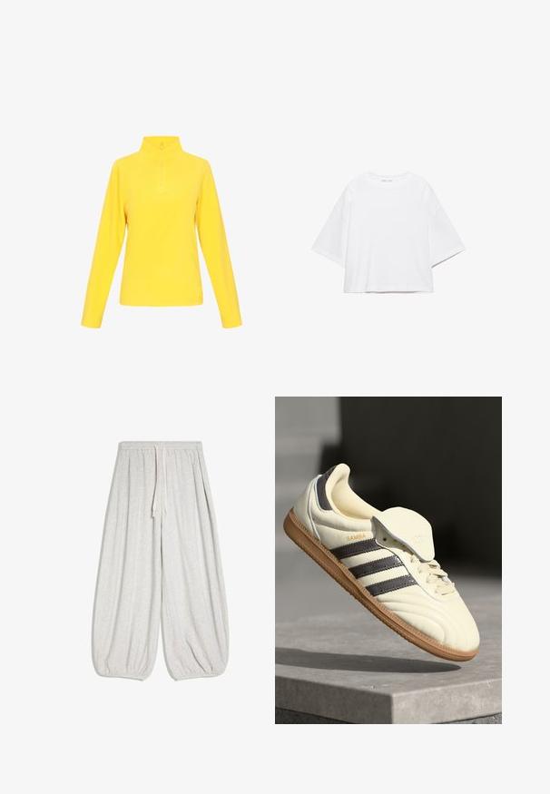 Pull jaune avec col montant et demi-fermeture éclair. Fabriqué en tissu doux, il présente des manches longues et une texture lisse sans motifs.; T-shirt blanc à manches courtes, coupe carrée, en coton doux. Présente un col rond et des manches larges, avec un design épuré et simple.; Pantalon de survêtement ample gris clair avec taille élastique, cordon et poignets élastiques aux chevilles, posé à plat sur un fond blanc.; Baskets en cuir crème avec trois bandes sombres, une semelle extérieure en gomme marron et un bout arrondi. Présentent une languette pliable étiquetée "SAMBA."