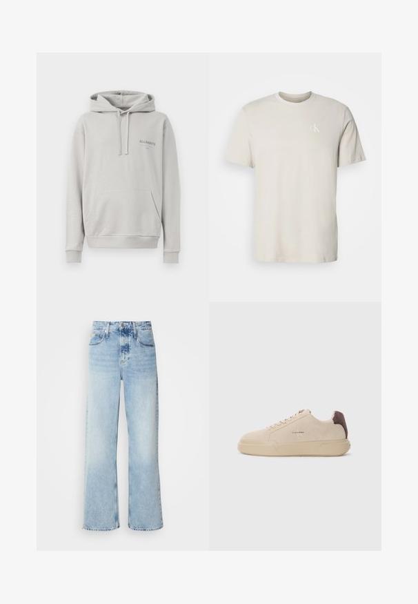 Lysegrå hættejakke lavet af blødt materiale, med en kængurulomme, snøre i hætten og et diskret "ALLSAINTS" logo på brystet.; Beige kortærmet T-shirt i bomuld med rund hals og lille hvidt "cK"-logo på venstre bryst.; Lysblå vide jeans med høj talje, der har en falmet finish, bæltestropper og klassisk fem-lomme design. Kantene er rå.; Beige ruskind sneakers med rund tå, snørret foran og en brun ruskindsdetalje på hælen. Har en tekstureret gummisål.