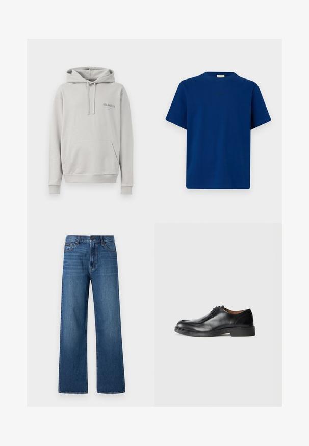 Lichtgrijze hoodie gemaakt van zachte stof, met een buidelzak, een capuchon met trekkoord en een subtiele "ALLSAINTS" logo op de borst.; Effen blauwe T-shirt met korte mouwen, ronde hals en een subtiel klein logo in het midden van de borst, afgebeeld tegen een effen achtergrond.; Blauwe high-waisted jeans met rechte pijpen, voorzien van een knoop- en ritssluiting aan de voorkant, vijf zakken en een klein merklabel op de rechterzak.; Zwarte leren dresschoenen met een ronde neus, een gladde afwerking, veters en een lage, gestructureerde rubberen zool. Strakke lijnen en een minimalistisch ontwerp.