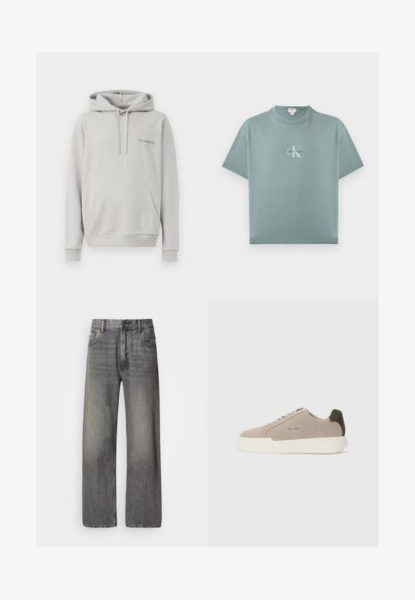 Lichtgrijze hoodie gemaakt van zachte stof, met een buidelzak, een capuchon met trekkoord en een subtiele "ALLSAINTS" logo op de borst.; Licht turquoise T-shirt met korte mouwen en ronde hals, met een centraal geplaatst Calvin Klein-logo in witte en zwarte letters op de voorkant.; Wijde jeans in donkergrijze denim met een vervaagde finish. Voorzien van een klassieke vijfzakkenontwerp en riemlussen.; Beige suède sneakers met een witte rubberen zool, voorzien van een donkergroene hielaccent en subtiele branding aan de zijkant.