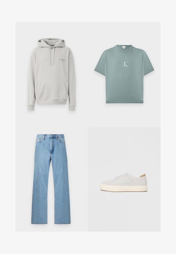 Lichtgrijze hoodie gemaakt van zachte stof, met een buidelzak, een capuchon met trekkoord en een subtiele "ALLSAINTS" logo op de borst.; Licht turquoise T-shirt met korte mouwen en ronde hals, met een centraal geplaatst Calvin Klein-logo in witte en zwarte letters op de voorkant.; Lichtblauwe denim jeans met rechte pijpen, ontworpen met vijf zakken en een knoopsluiting bij de taille, weergegeven tegen een effen achtergrond.; Lichtgrijze sneakers met een glad synthetisch bovenwerk, ronde neus en een gestructureerde crème tussenzool. Lichte tan accenten op de hak.