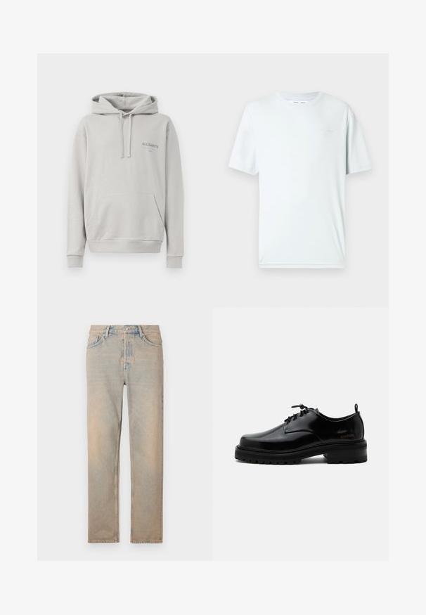 Lysegrå hættejakke lavet af blødt materiale, med en kængurulomme, snøre i hætten og et diskret "ALLSAINTS" logo på brystet.; Lyseblå bomuld t-shirt med rund hals, korte ærmer og minimalistisk broderet logo på brystet. Glat tekstur, enkelt design.; Lys beige denim jeans med lige snit. Har fem lommer, en knaplukning og diskret falmning langs stoffets overflade.; Sort poleret læder snørestøvle med tyk gummisål og lav hæl, sideskilt med mærketekst "SAMSOE" og bageste træksnor.