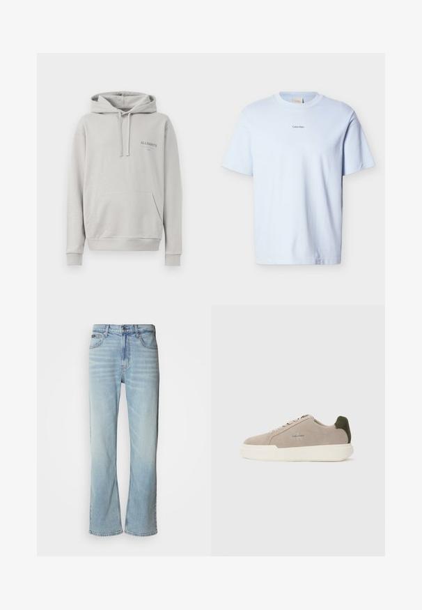Sudadera gris claro hecha de una tela suave, con un bolsillo tipo canguro, capucha con cordón y sutil logo "ALLSAINTS" en el pecho.; Camiseta de algodón azul claro con cuello redondo y mangas cortas, con un pequeño logo "Calvin Klein" impreso en negro en el pecho.; Jeans de mezclilla azul claro con corte recto, que cuentan con cinco bolsillos, un cierre de botón y un ligero desvanecimiento en la tela.; Zapatillas de piel de ante beige con suela de goma blanca, que presentan un acento en el talón de color verde oscuro y un sutil logo en el lateral.
