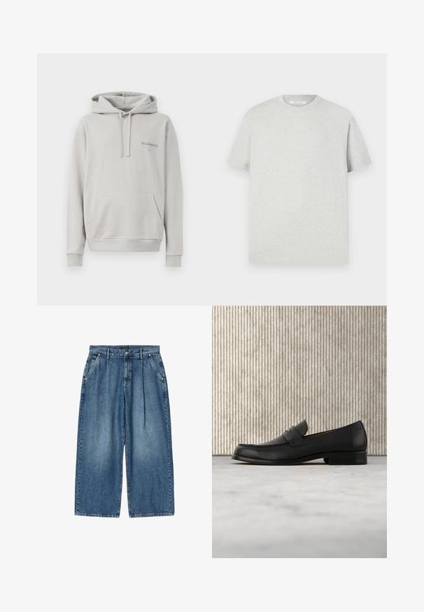 Sudadera gris claro hecha de una tela suave, con un bolsillo tipo canguro, capucha con cordón y sutil logo "ALLSAINTS" en el pecho.; Camiseta de manga corta gris claro hecha de material suave, con cuello redondo y un corte relajado, sin patrones ni acentos visibles.; Vaqueros de mezclilla azul de pierna ancha con pliegues, bolsillos laterales, cierre de botón y trabillas para cinturón, extendidos sobre un fondo blanco.; Zapato mocasín de cuero negro flotando sobre una alfombra beige con una mesa redonda marrón brillante al fondo.