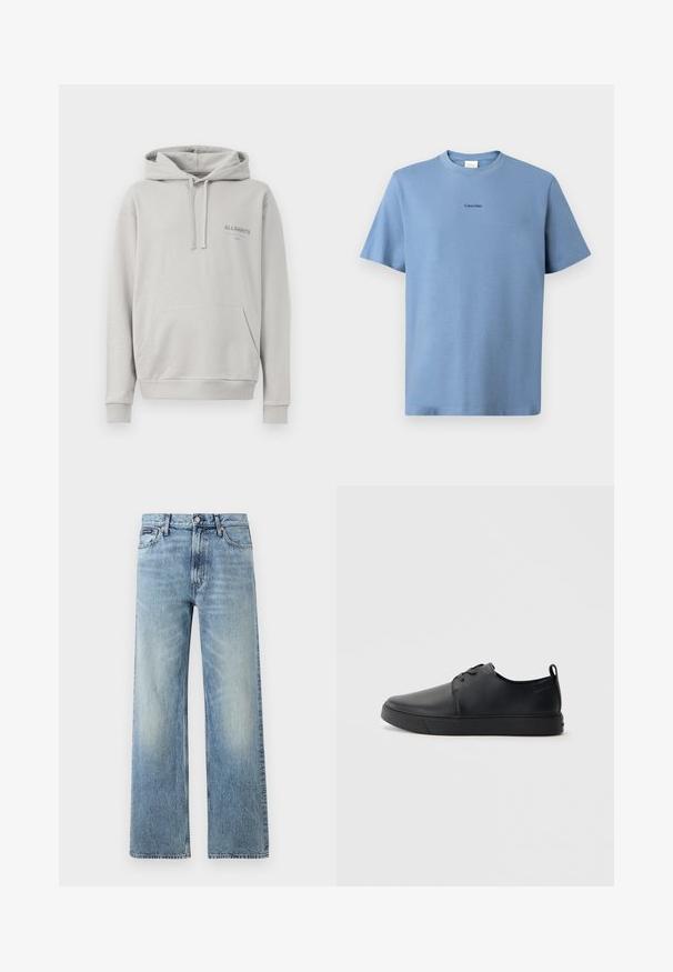 Lysegrå hættejakke lavet af blødt materiale, med en kængurulomme, snøre i hætten og et diskret "ALLSAINTS" logo på brystet.; Lyseblå bomulds T-shirt med korte ærmer, rund halsudskæring og subtil "Calvin Klein" logo i sort på brystet. Glat tekstur.; Lyseblå denim jeans med lige ben, højt talje, fem lommer, knaplukning og diskrete falmede områder på lår og knæ.; Sorte lædersneakers med en glat finish, rund tå, tonalt syning, snøring foran og en flad gummisål. Løkke ved hælen.