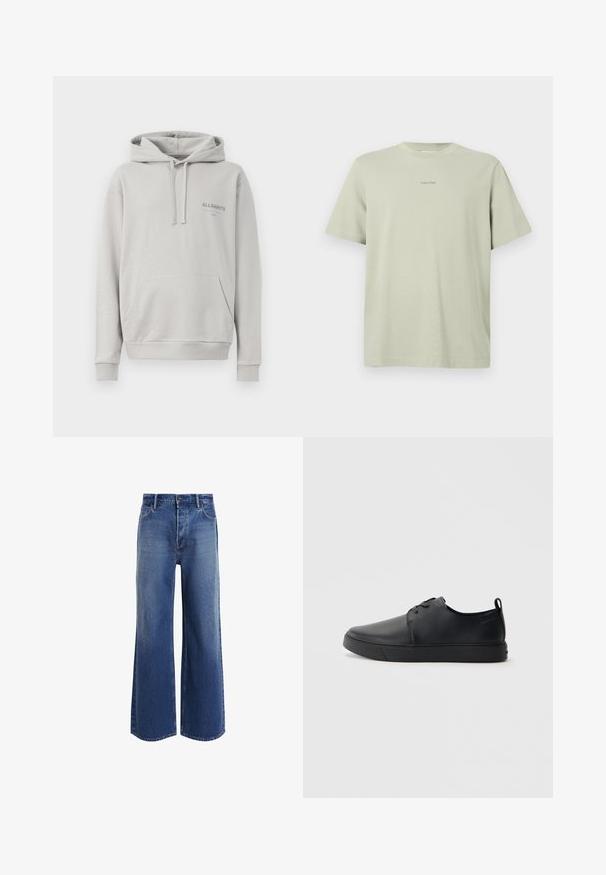 Lichtgrijze hoodie gemaakt van zachte stof, met een buidelzak, een capuchon met trekkoord en een subtiele "ALLSAINTS" logo op de borst.; Lichtgroene katoenen t-shirt met een ronde hals, korte mouwen en een klein Calvin Klein-logo in een donkerdere tint gedrukt op de borst.; Hoge taille wijde jeans van middelblauwe denim, met een klassiek vijf-pocket ontwerp, lichte vervaging en rafelige zoomdetails.; Zwarte leren sneaker met een gladde afwerking, ronde neus, tonale stiknaden, vetersluiting aan de voorkant en een vlakke rubberen zool. Lussje aan de hak.