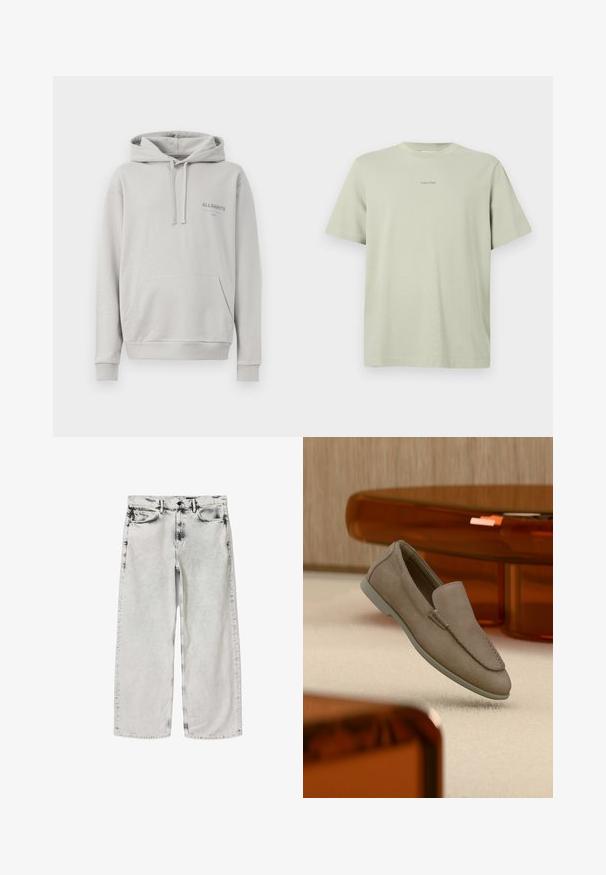 Lysegrå hættejakke lavet af blødt materiale, med en kængurulomme, snøre i hætten og et diskret "ALLSAINTS" logo på brystet.; Lys grøn bomulds t-shirt med rund hals, korte ærmer og et lille Calvin Klein-logo i en mørkere nuance trykt på brystet.; Lysegrå vidde cowboybukser med subtil sort vaskeeffekt omkring lommer og sømme, med bæltestropper og knaplukning foran.; Beige ruskind slip-on loafer med synlige syninger og lys sål, placeret over cremefarvet tæppe med orange gennemsigtigt møbel i baggrunden.