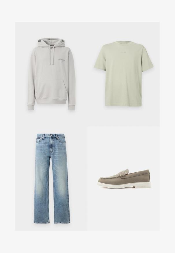 Sudadera gris claro hecha de una tela suave, con un bolsillo tipo canguro, capucha con cordón y sutil logo "ALLSAINTS" en el pecho.; Camiseta de algodón verde clara con cuello redondo, mangas cortas y un pequeño logo de Calvin Klein en una tonalidad más oscura impreso en el pecho.; Vaqueros de mezclilla azul claro de corte recto con cintura alta, cinco bolsillos, cierre de botón y sutil desgaste en los muslos y las rodillas.; Zapato mocasín de ante beige con suela de goma blanca, costura tipo moc toe y una correa decorativa en la parte superior, mostrado de lado sobre un fondo blanco.