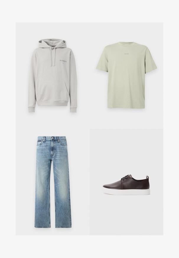 Lichtgrijze hoodie gemaakt van zachte stof, met een buidelzak, een capuchon met trekkoord en een subtiele "ALLSAINTS" logo op de borst.; Lichtgroene katoenen t-shirt met een ronde hals, korte mouwen en een klein Calvin Klein-logo in een donkerdere tint gedrukt op de borst.; Lichtblauwe denim jeans met rechte pijpen, een hoge taille, vijf zakken, knoopsluiting en subtiele vervaging op de dijen en knieën.; Bruine leren sneakers met een gladde afwerking, witte rubberen zool, ronde neus en vetersluiting. Heeft een lus aan de hiel.