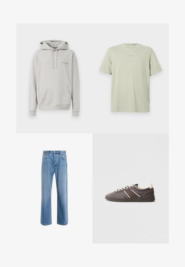 Lysegrå hættejakke lavet af blødt materiale, med en kængurulomme, snøre i hætten og et diskret "ALLSAINTS" logo på brystet.; Lys grøn bomulds t-shirt med rund hals, korte ærmer og et lille Calvin Klein-logo i en mørkere nuance trykt på brystet.; Lyseblå denim jeans med lige ben-design, fem lommer, knaplukning, minimal falming og kontraststingdetaljer.; Mørkegrå sneakers med cremefarvede accenter, gummisål, snørelukning og sidestriber. Indeholder syninger og logomærkning.